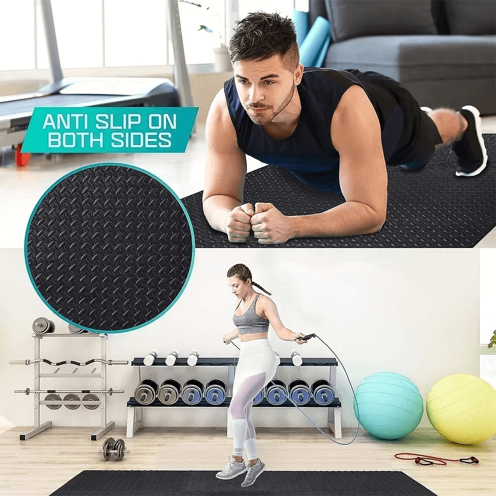 Man and woman exercising on Waterproof Interlocking Mats for Home Gym and Play - SF3475, showcasing anti-slip surface.